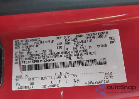 2015 Ford F-150 Xlt из США, поврежденный, VIN 1FTEX1EP8FKD24954